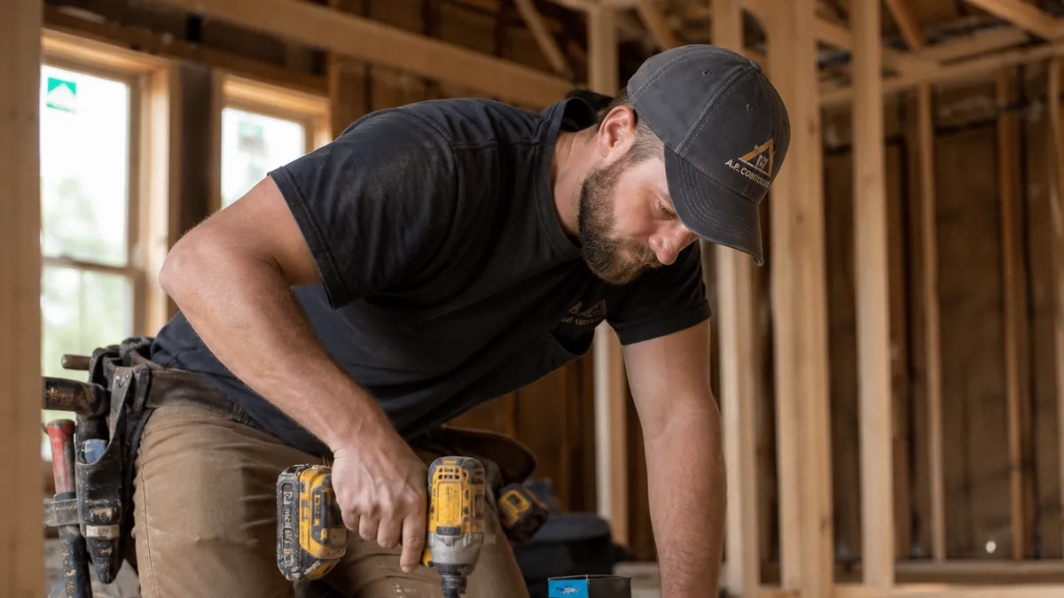 Contractor in work gloves using a cordless drill on a job site