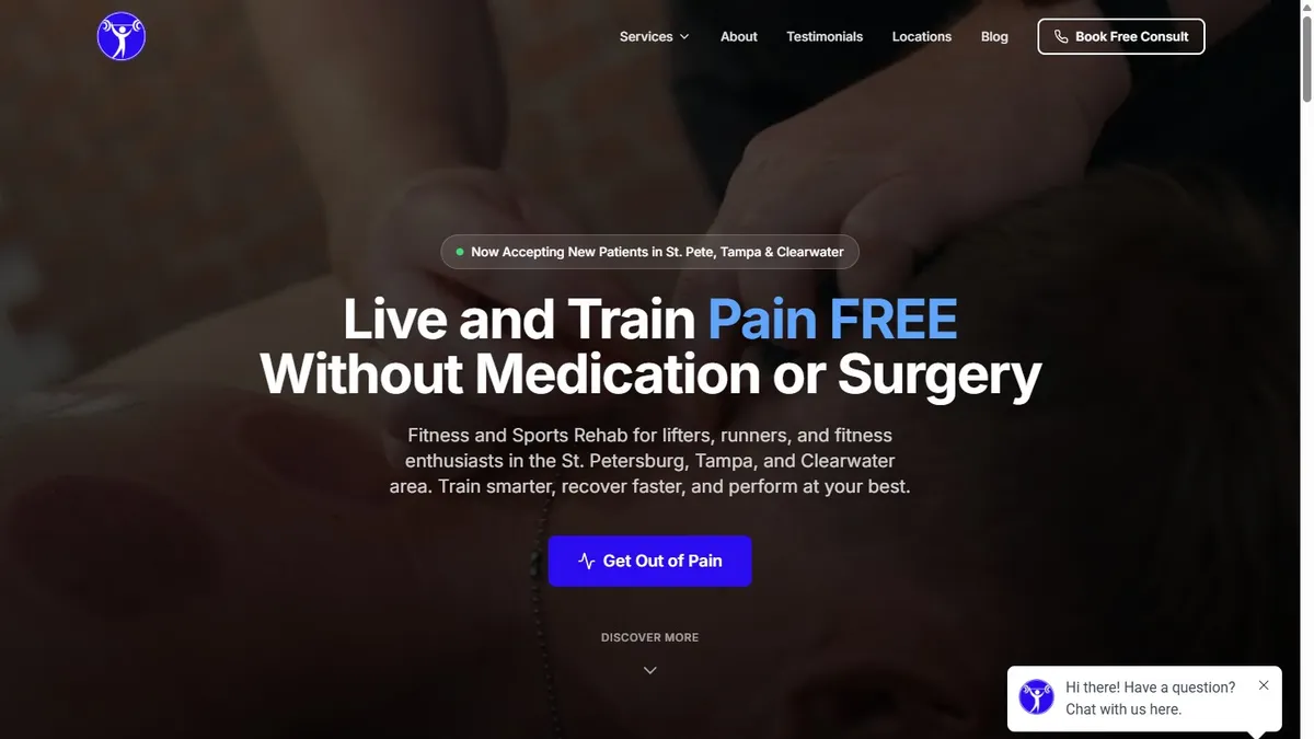 Forward Physio homepage hero with a "Live and Train Pain Free" headline and booking call-to-action