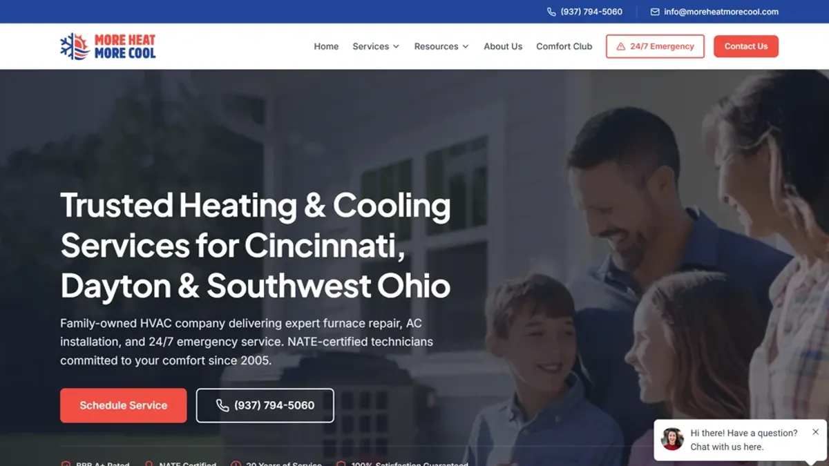 More Heat More Cool homepage hero with a 24/7 emergency banner and schedule-service buttons