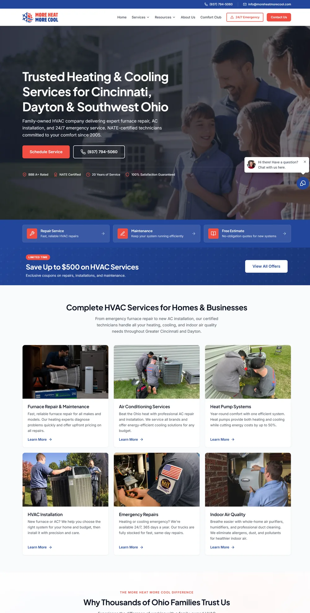 The More Heat More Cool HVAC site on desktop
