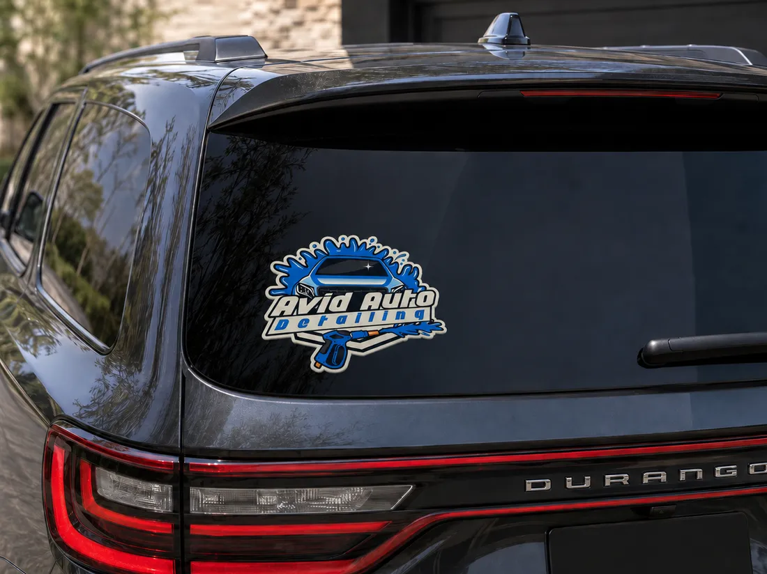 Vinyl branded sticker applied to a vehicle