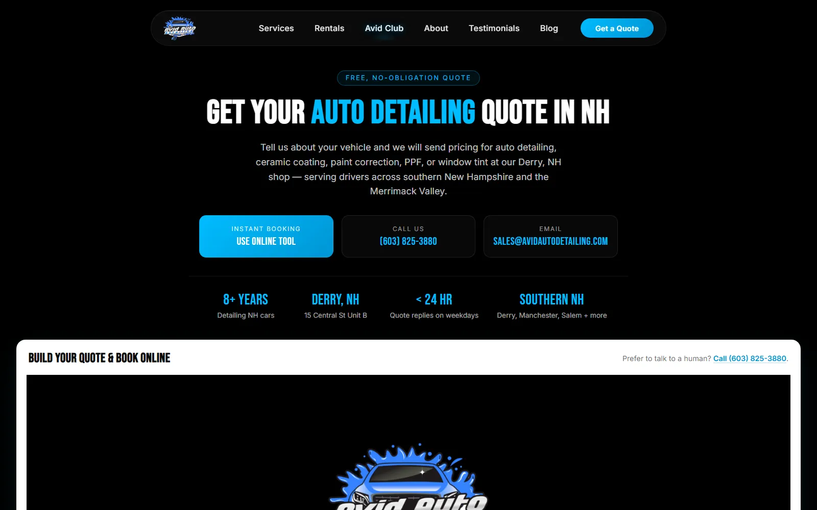 Avid Auto Detailing instant quote tool with vehicle, service, and zip steps