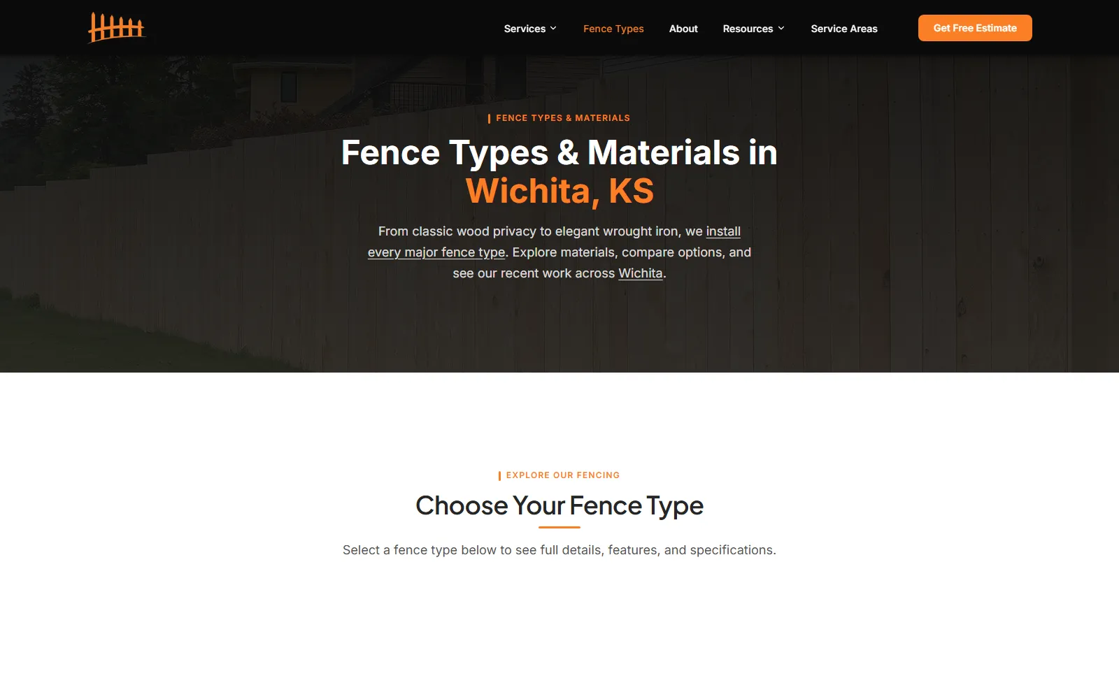 Fence Types page — six fence materials, each linking to its own dedicated page — Midwest Fence ICT, Wichita KS